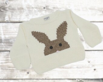 Children's sweater rabbit size 80-86, cotton, hand-knitted sweater animal motif