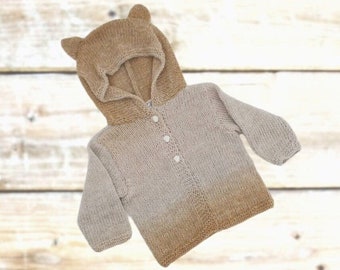 Baby Kapuzenjacke Bär Gr. 62-68, Alpaka, Wolle, handgefertigte Strickjacke, Pullover, Janker