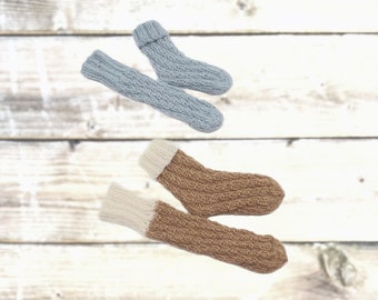 Baby Spiral Socken Set 0-9 Monate Söckchen Strümpfe ohne Ferse Umschlagbund Alpakawolle hellblau braun nicht ausleiern mitwachsen weich warm