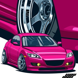 Puede incluir: Un coche deportivo rosa con ruedas negras y una parrilla negra. El coche está sobre un fondo blanco.