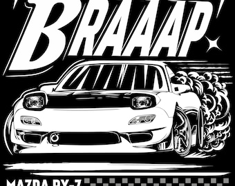 May include: A black and white illustration of a Mazda RX-7 sports car with the text "BRAAAP" above it. The car is depicted with smoke coming from the tires as it speeds away. The text "MAZDA RX-7" is below the car with a checkered flag pattern and a description of the car's history.