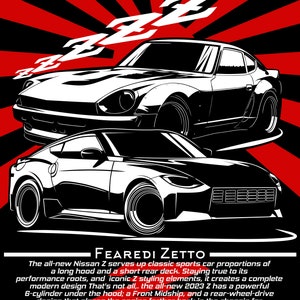 Puede incluir: Una ilustración en blanco y negro de dos coches deportivos Nissan Z. El coche de arriba es un Z clásico con un capó largo y una cubierta trasera corta. El coche de abajo es un Z más nuevo con un diseño más moderno. El texto "FEAREDI ZETTO" está en la parte inferior de la imagen.