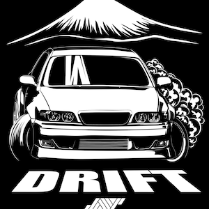 May include: A black and white illustration of a car drifting with smoke coming from the tires. The car is in front of a mountain. The word "DRIFT" is written in large white letters below the car. The text "JAY PABURISART" is written in smaller white letters below the word "DRIFT".