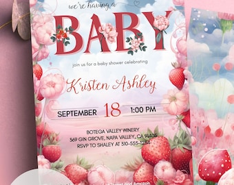 Strawberry Baby Shower Invitation, Berry Sweet Baby Invite, Editable Fairytale Evite, Printable Summer Baby Shower Invitation