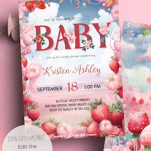 Strawberry Baby Shower Invitation, Berry Sweet Baby Invite, Editable Fairytale Evite, Printable Summer Baby Shower Invitation