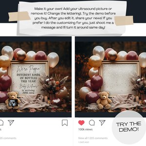 May include: A digital printable sign with the text "We're Poppin' Different Kinds of Bottles This Year! Baby Williams is arriving June 2024" surrounded by burgundy and gold balloons, a teddy bear, and fall foliage.