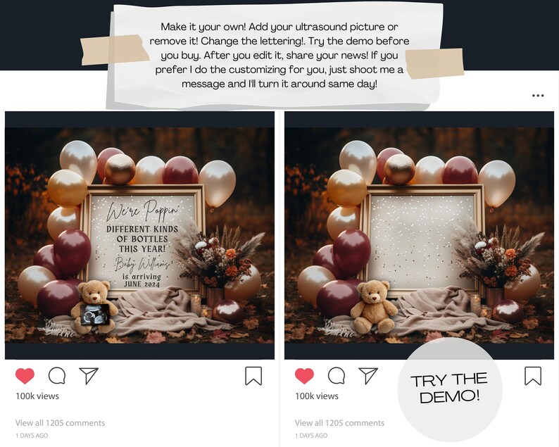May include: A digital printable sign with the text "We're Poppin' Different Kinds of Bottles This Year! Baby Williams is arriving June 2024" surrounded by burgundy and gold balloons, a teddy bear, and fall foliage.
