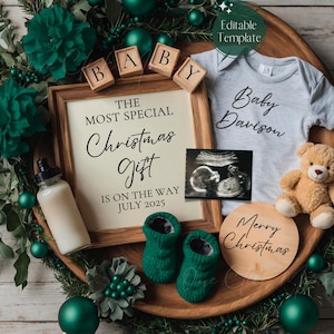 Digitale kerstzwangerschapsaankondiging, babyaankondiging december, eenvoudige neutrale babyonthulling, groene bewerkbare sjabloon, kerstcadeau