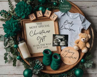 Christmas Digital Pregnancy Announcement, December Baby Announcement, Simple Neutral Baby Reveal, Green Editable Template, Christmas Gift