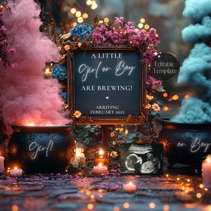 Pink or Blue Smoke Gender Reveal, Little Baby Brewing, Editable Gender Neutral Halloween Pregnancy Announcment, Magical Cauldron Baby Reveal