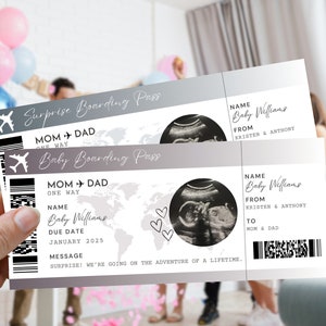 May include: Two baby boarding passes with a gray and white design. The passes include the text "Surprise Boarding Pass" and "Baby Boarding Pass". Each pass features an ultrasound image, the name "Baby Williams", and the message "SURPRISE! WE'RE GOING ON THE ADVENTURE OF A LIFETIME."