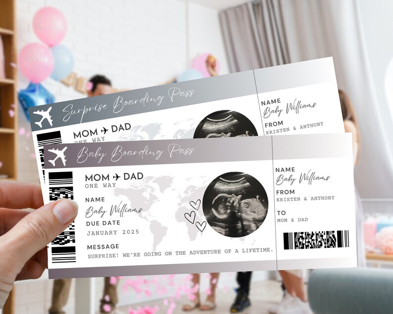 May include: Two baby boarding passes with a gray and white design. The passes include the text "Surprise Boarding Pass" and "Baby Boarding Pass". Each pass features an ultrasound image, the name "Baby Williams", and the message "SURPRISE! WE'RE GOING ON THE ADVENTURE OF A LIFETIME."