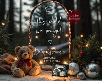 Christmas Pregnancy Announcement, Christian Baby Reveal, Gender Neutral (Digital Editable Template) For this Child we Prayed
