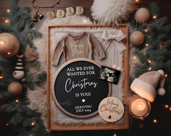 Neutral Christmas Pregnancy Announcement, Boho Minimalist Christmas Baby Announcement, December Social Media Baby Reveal, Editable Template