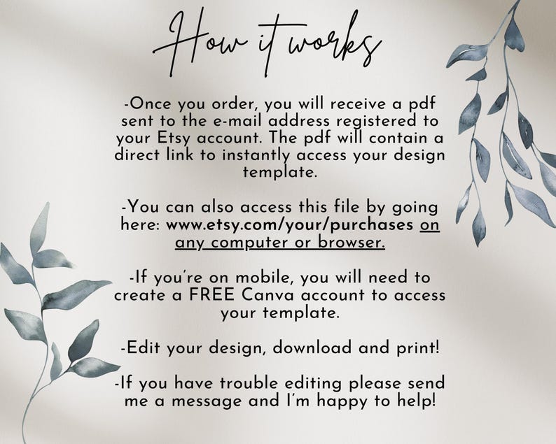 Puede incluir: C&oacute;mo funciona: Una imagen basada en texto que explica c&oacute;mo acceder a una plantilla de dise&ntilde;o digital despu&eacute;s de la compra. El texto menciona recibir un PDF con un enlace a la plantilla, acceder al archivo a trav&eacute;s de las compras de Etsy y crear una cuenta gratuita de Canva para usuarios m&oacute;viles.