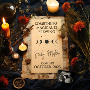 Gothic Digital Pregnancy Announcement, Witchy Baby Announcement, Halloween Social Media Birth Reveal, Magical Book, Editable Template