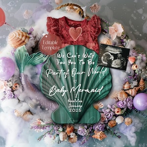 Mermaid Baby Girl Reveal, Fairytale Mermaid Pregnancy Announcement, Digital Enchanted Little Baby News, Magical Princess EDITABLE Template