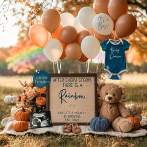 May include: A fall-themed announcement with balloons, pumpkins, and a teddy bear. The sign reads "After every storm, there is a rainbow." A blue onesie says "Baby Davison." The ultrasound image and baby shoes are also included.