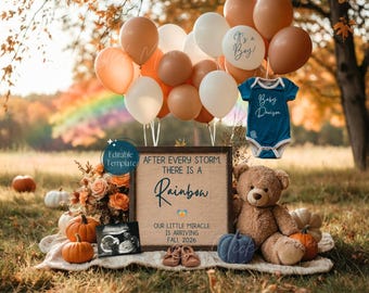 Rainbow Baby Boy Announcement, Fall Miracle Baby Boy, Blue Gender Reveal (Digital Editable Template)