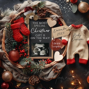 Weihnachten Digitale Schwangerschaftansage, Dezember Babymitteilung, Einfache neutrale Baby Reveal, Bearbeitbare Vorlage, ich werde zu Hause sein Weihnachten