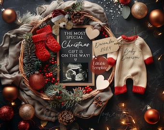 Christmas Digital Pregnancy Announcement, December Baby Announcement, Simple Neutral Baby Reveal, Editable Template, I&#39;ll be home Christmas