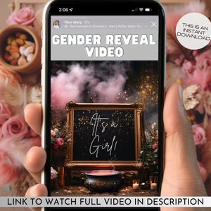 Magical IT'S A GIRL Gender Reveal Video, Surprise Digital Announcement Video, Pink Balloon Countdown Smoke, Instant Download Share Family