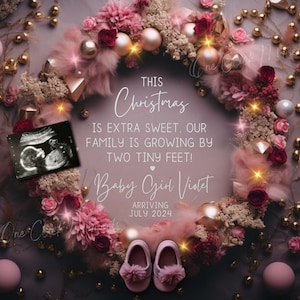Faire-part de grossesse pour Noël petite fille, sexe de petite fille rose bohème de Noël, deux petits pieds, petite soeur des fêtes Modifier Instagram