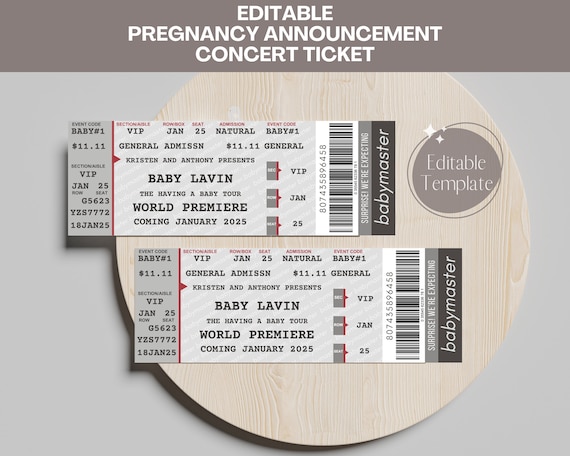 Editable Pregnancy Announcement Ticket, Custom Concert Ticket Baby Reveal, Unique Birth Announcement Movie Ticket, DIGITAL PRINTABLE Music