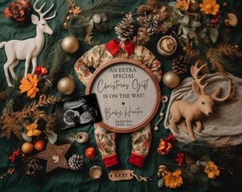 May include: A Christmas-themed pregnancy announcement with a green background. The announcement includes a baby's ultrasound, a onesie, and a sign that reads "An Extra Special Christmas Gift Is On The Way! Baby Hunter Arriving April 2024."