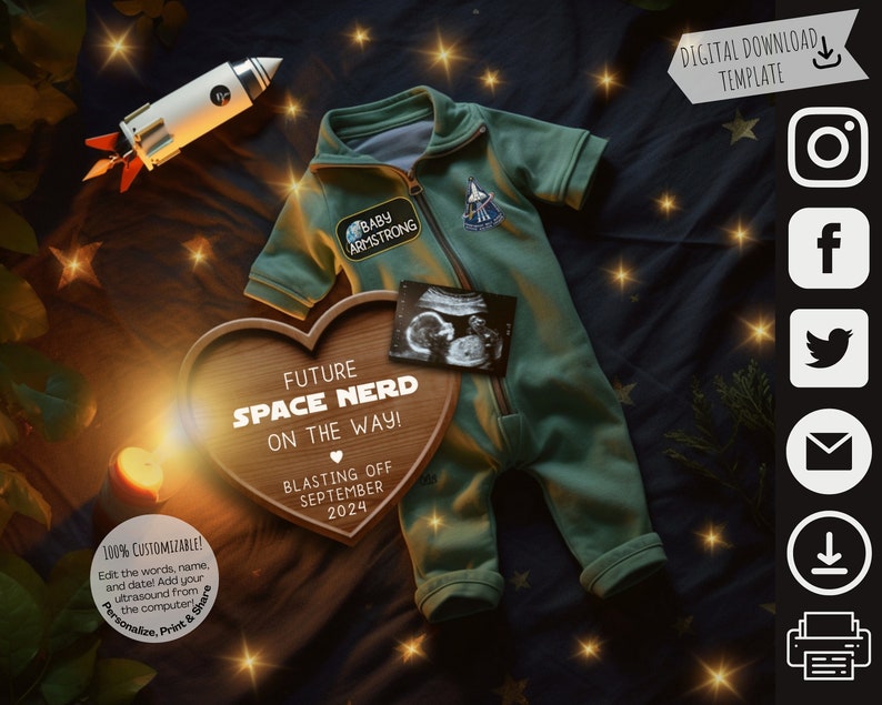 May include: A heart-shaped wooden sign with the text "Future Space Nerd On The Way!" and "Blasting Off September 2024". A green baby onesie with the text "Baby Armstrong" is on top of the sign. A rocket ship and a baby ultrasound image are also included in the image.
