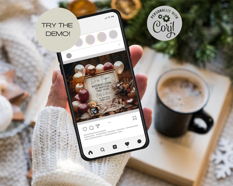 May include: A smartphone displaying a social media post with a photo of a baby shower announcement. The announcement is a wooden sign with the text "We're Poppin' Different Kinds of Bottles This Year! Baby [Name] is arriving June 2024." The sign is surrounded by balloons and other decorations.