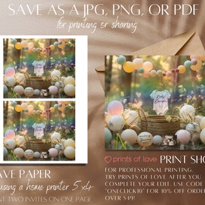 May include: A digital printable invitation for a baby shower. The invitation features a basket with a baby onesie, surrounded by pastel balloons and greenery. The text "arriving January 2025" is visible on the invitation.
