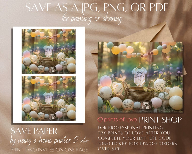 May include: A digital printable invitation for a baby shower. The invitation features a basket with a baby onesie, surrounded by pastel balloons and greenery. The text "arriving January 2025" is visible on the invitation.