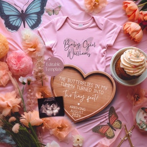 Butterfly Pregnancy Announcement, Digital Floral Baby Girl Announcement, Pink Gender Reveal, Girly Instagram Baby Reveal, Editable Template