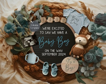Boho Boy Pregnancy Announcement Digital, Floral Baby Boy Announcement, Blue Gender Reveal, Little Brother Instagram Reveal Editable Template