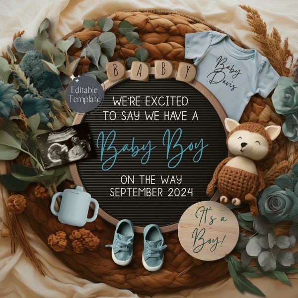 Boho Boy Pregnancy Announcement Digital, Floral Baby Boy Announcement, Blue Gender Reveal, Little Brother Instagram Reveal Editable Template