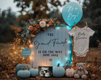 May include: A blue and white gender reveal sign with the text "The Grand Finale is on the way June 2025" and a blue balloon that says "It's a Boy!"  A white onesie with the text "Baby Davison" is hanging on a clothesline.  There are pumpkins and a teddy bear in the image.