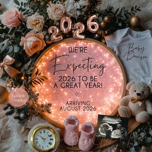 Faire-part de grossesse numérique pour fille du Nouvel An, faire-part de bébé magique 2026, révélation échographique des réseaux sociaux de janvier, couronne de Noël rose
