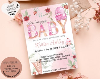 Ice Cream Baby Shower Invitation | Sprinkle Scoop Party Theme | Editable Social Media Baby Shower Invite | DIY Digital Ice Cream Invitation