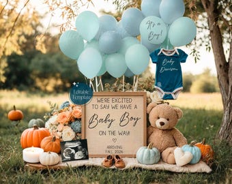 Fall Boy Pregnancy Announcement, Pumpkin Baby Brother, Blue Gender Reveal (Digital Editable Template)