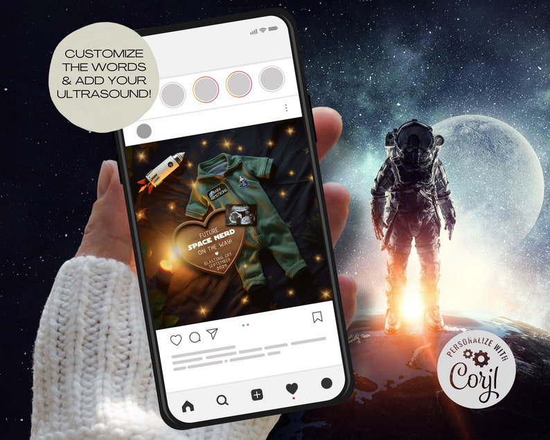 May include: A smartphone displaying a social media post with a photo of a baby onesie and a wooden heart with the text "Future Space Nerd On The Way" and a small ultrasound image. The post is set against a dark blue background with stars and a rocket ship. The phone is held in a hand wearing a white sweater. The background of the image is a dark blue sky with stars and a planet.