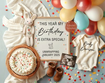 Geburtstags-Schwangerschaftsankündigung Digital, Boho Happy Bday Geschenk Geschlechtsneutrale Babyankündigung, bearbeitbarer Babykuchen enthüllen, bestes Geschenk aller Zeiten