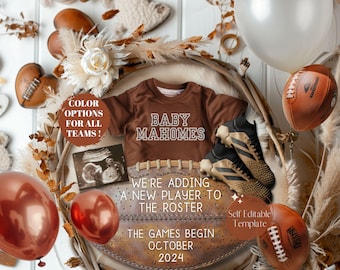 May include: A brown onesie with the text "Baby Mahomes" on it, surrounded by footballs, balloons, and a football-shaped sign that reads "We're adding a new player to the roster. The games begin October 2024."