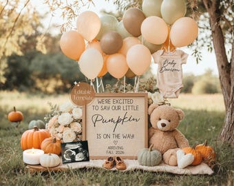 Pumpkin Pregnancy Announcement: Gender Neutral Fall Baby Reveal (Digital Editable Template)