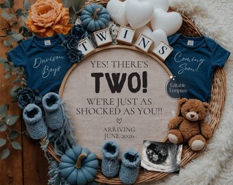 Fall Twin Pregnancy Announcement, Halloween Twin Boys Gender Reveal - Digital Editable Template