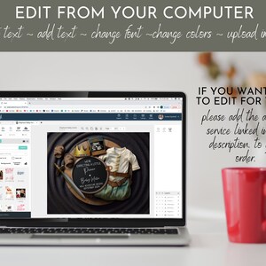 May include: A laptop computer displaying a website with a digital design of a baby announcement. The design features a chalkboard with the text "We're expecting a little Prince." The design also includes a crown, a sword, and a baby outfit. The laptop is on a table with a red mug.