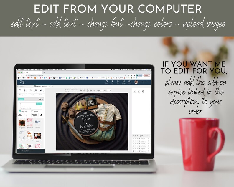 May include: A laptop computer displaying a website with a digital design of a baby announcement. The design features a chalkboard with the text "We're expecting a little Prince." The design also includes a crown, a sword, and a baby outfit. The laptop is on a table with a red mug.