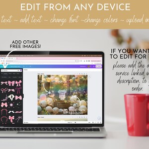 May include: A laptop computer displaying a web page with a design template for a baby announcement. The template features a photo of a baby outfit and a basket of colorful eggs. The text on the template reads "Change all of the words!" and "Add your own ultrasound". The laptop is on a table with a red mug.