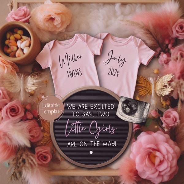 Boho Twin Girl Pregnancy Announcement Digital, Floral Twin Girl Announcement, Pink Gender Reveal, Girly Instagram Twin Reveal, Edit Template