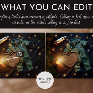 May include: A digital mockup of a baby announcement featuring a green astronaut onesie, a rocket, a wooden heart with the text "Future Space Nerd On The Way! Blasting Off September 2023", and a sonogram image. The background is a dark blue with gold stars.